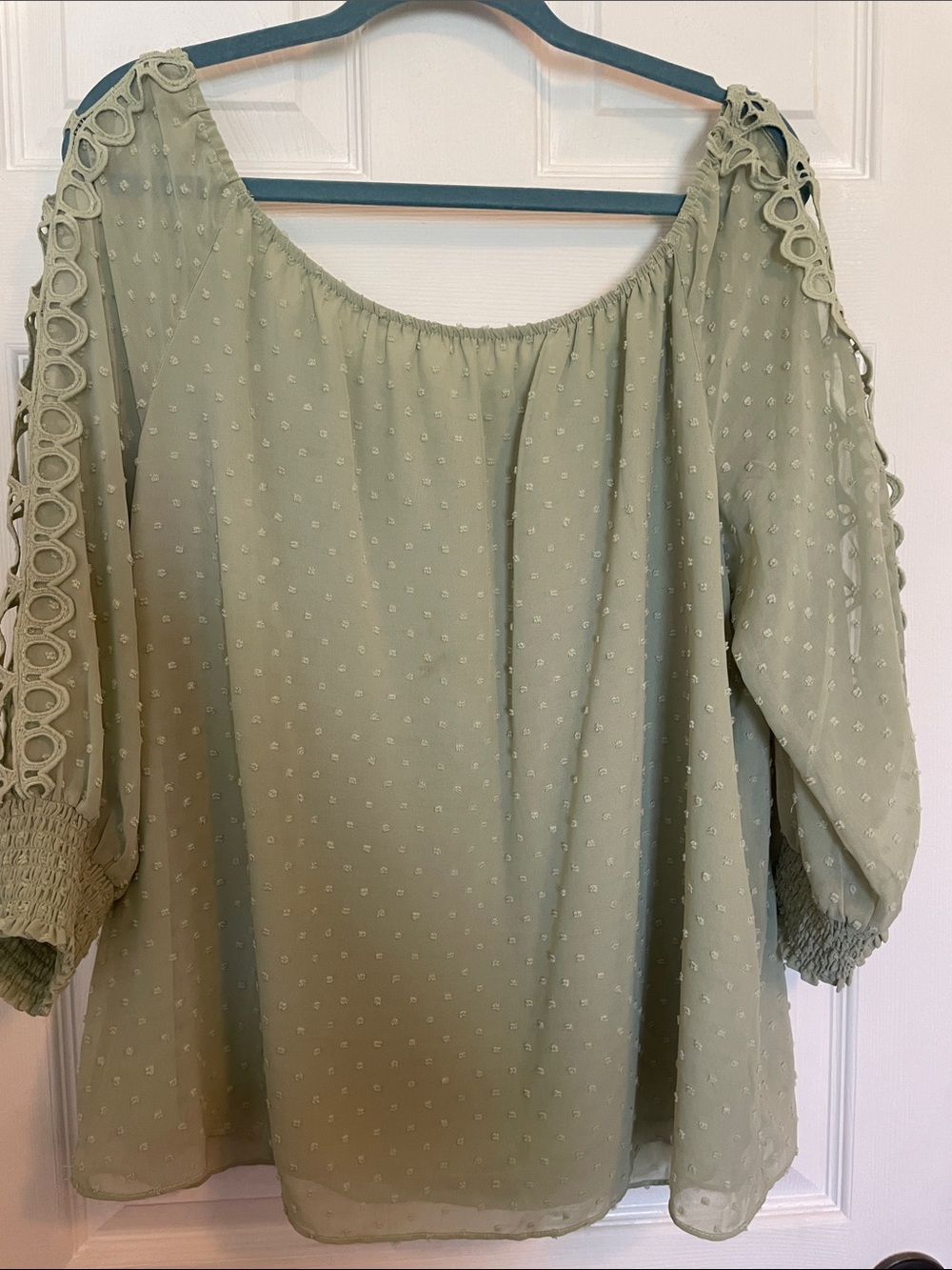 Cato Sage Green Off-Shoulder Swiss Dot Blouse